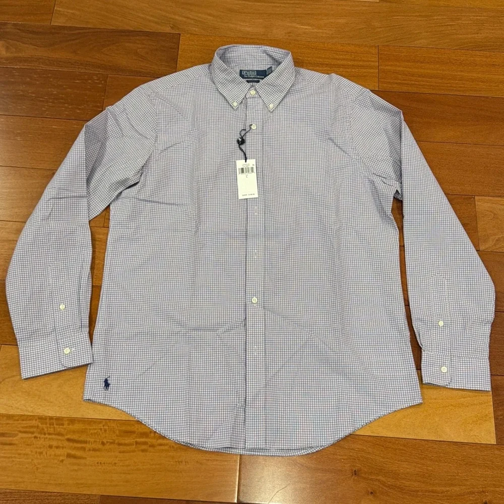 NWT Polo Ralph Lauren Button Down Mens Purple Navy Micro Check Classic Fit L
